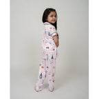 Generic Girl's Silk Bleand Printed Short Sleeve Night Suit Set (Creem)