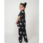 Generic Girl's Silk Bleand Printed Short Sleeve Night Suit Set (Black)