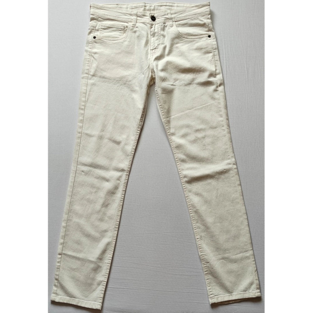 Generic Men's Cotton Blended Solid Classic Fit Jeans (Beige) Main image