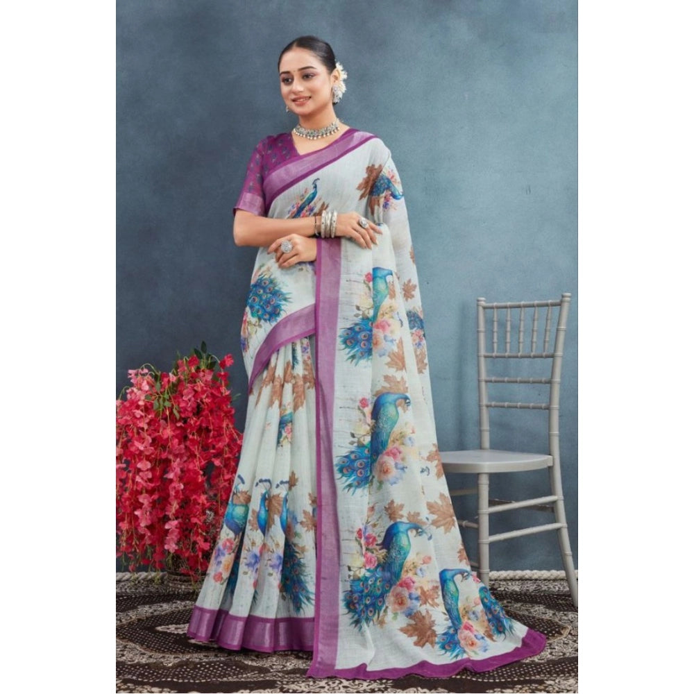 Generic Women's Linen Floral Printed Saree With Unstitched Blouse 5.5Mtr (Magenta) Main image