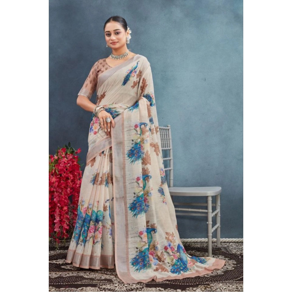 Generic Women's Linen Floral Printed Saree With Unstitched Blouse 5.5Mtr (Beige) Main image