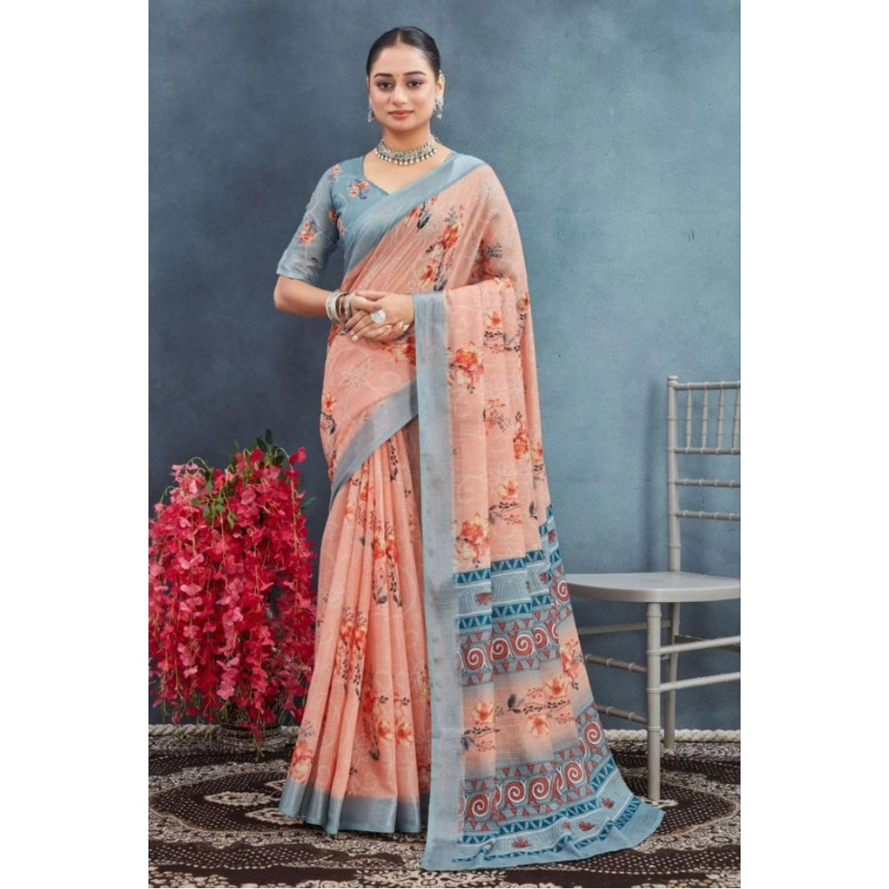 Generic Women's Linen Floral Printed Saree With Unstitched Blouse 5.5Mtr (Orange) Main image