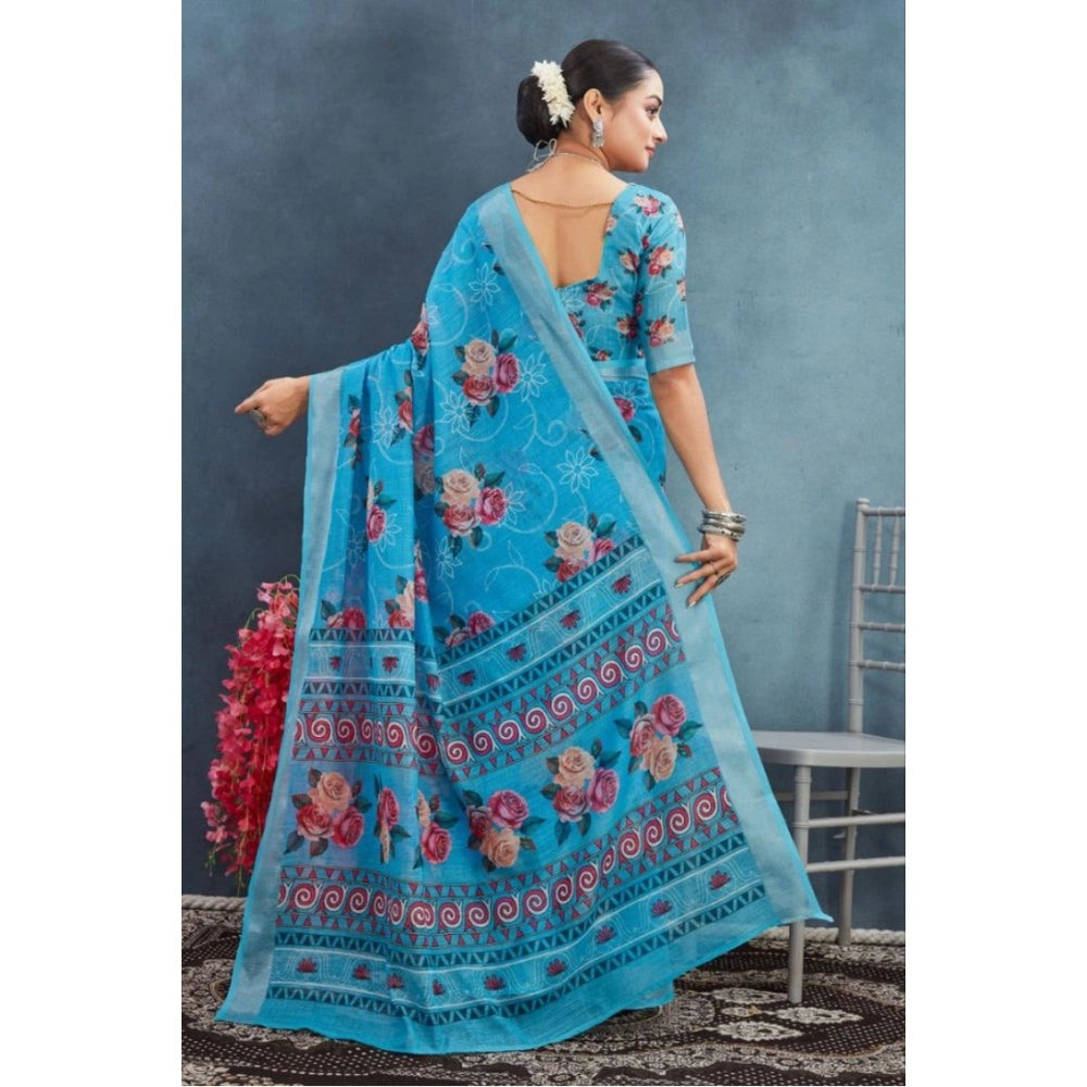 Generic Women's Linen Floral Printed Saree With Unstitched Blouse 5.5Mtr (Blue) Secondary image