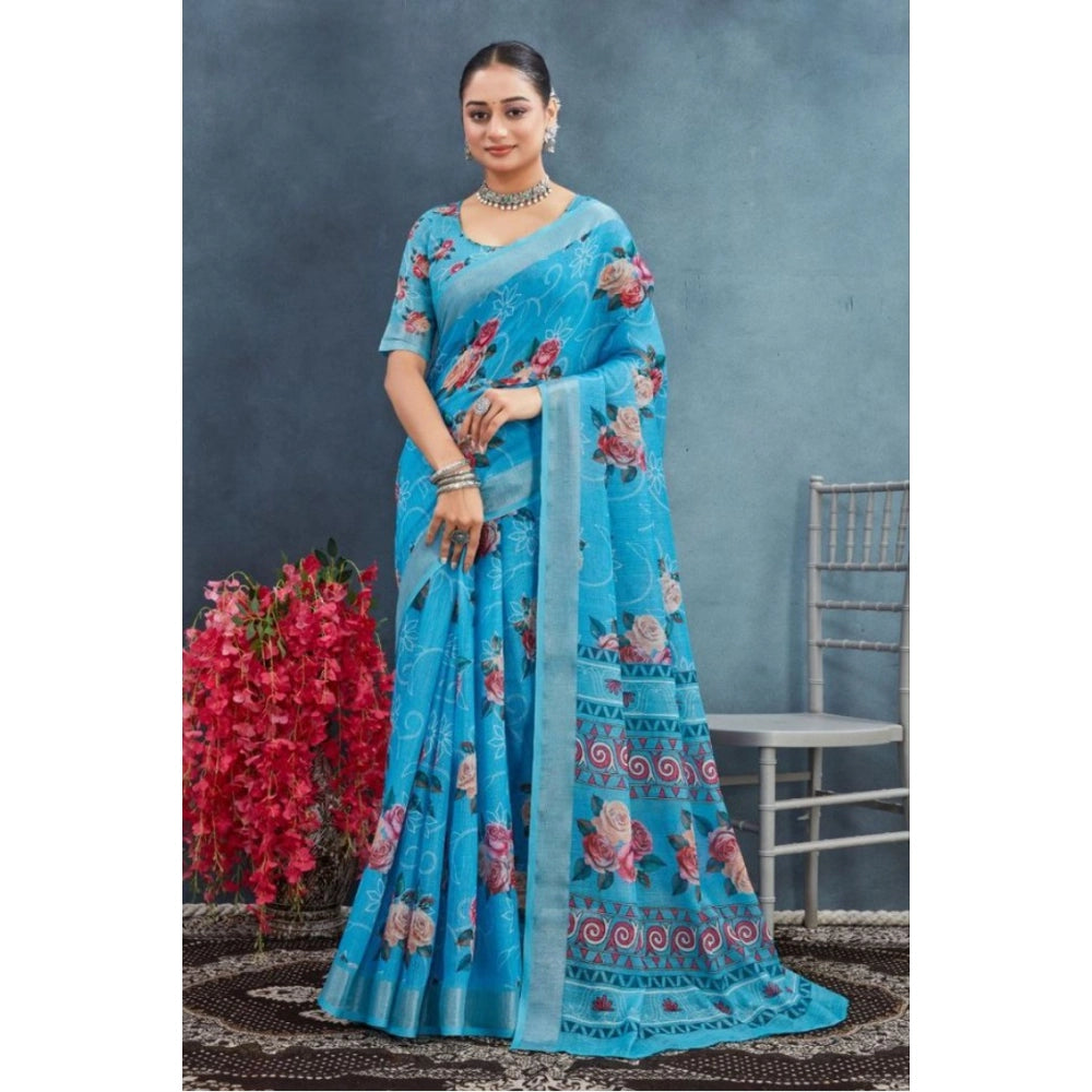 Generic Women's Linen Floral Printed Saree With Unstitched Blouse 5.5Mtr (Blue) Main image