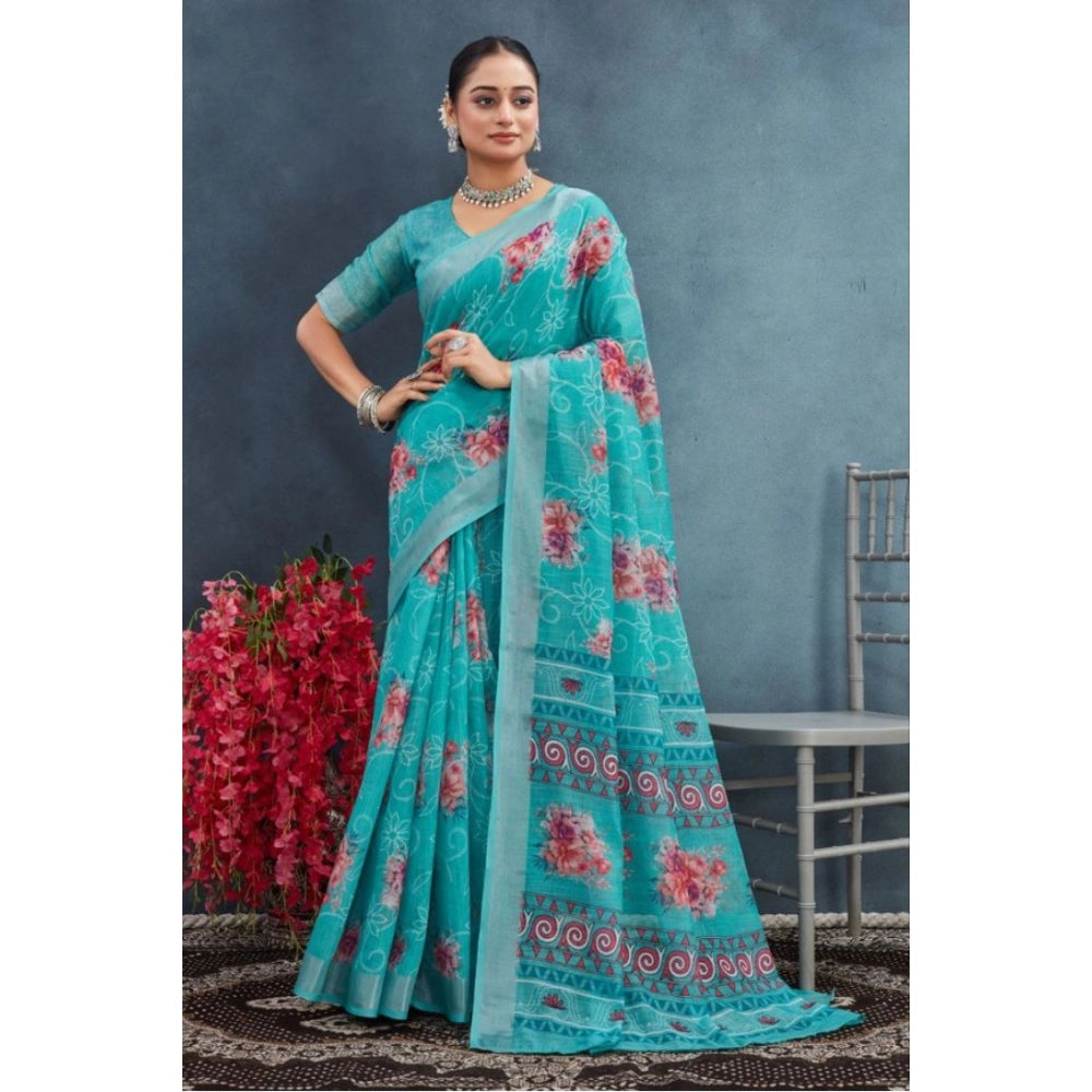 Generic Women's Linen Floral Printed Saree With Unstitched Blouse 5.5Mtr (Aqua) Secondary image