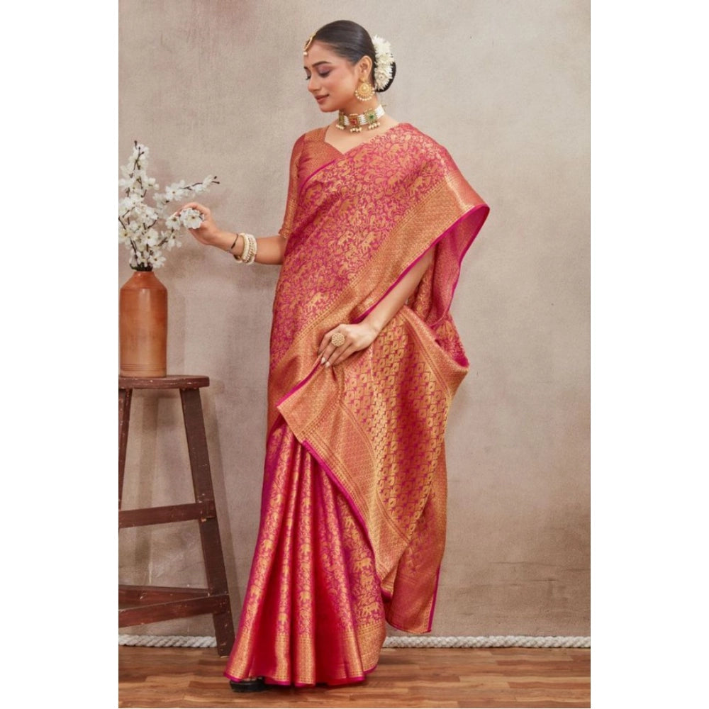 Generic Women's Silk Blend Floral Printed Saree With Unstitched Blouse 5.5Mtr (Pink) Secondary image