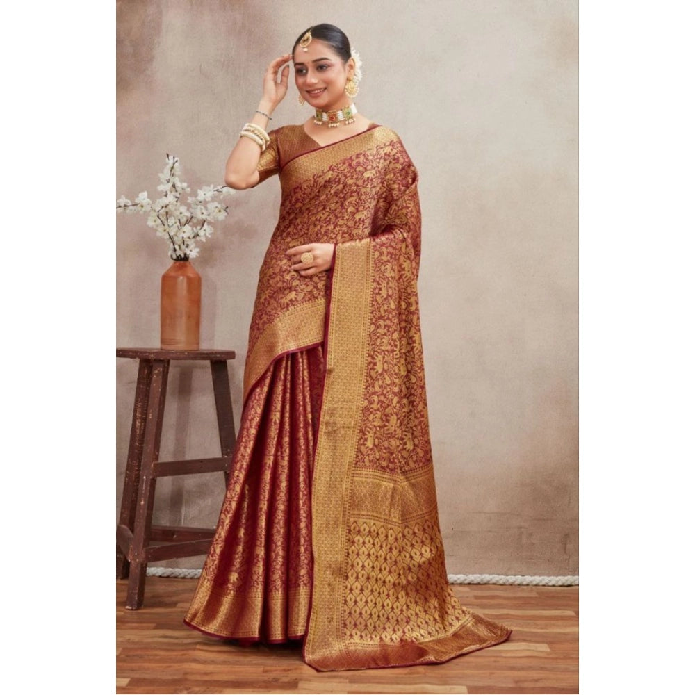 Generic Women's Silk Blend Floral Printed Saree With Unstitched Blouse 5.5Mtr (Brown) Secondary image