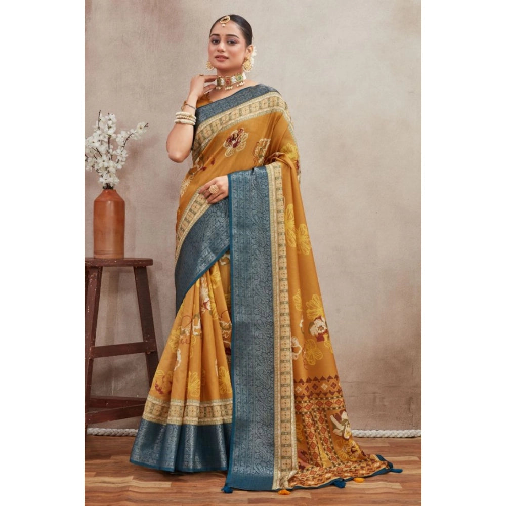 Generic Women's Crepe Silk Printed Saree With Unstitched Blouse 5.5Mtr (Mustard) Main image