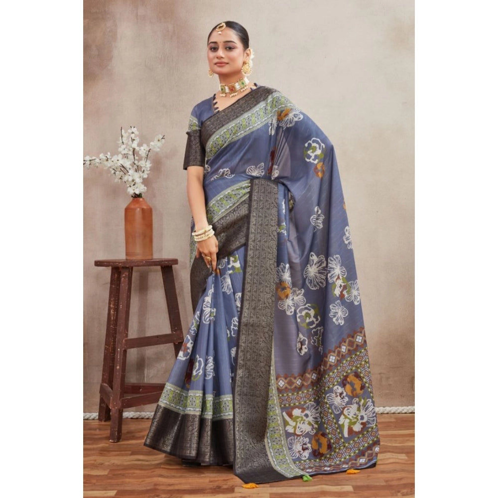 Generic Women's Crepe Silk Printed Saree With Unstitched Blouse 5.5Mtr (Grey) Secondary image