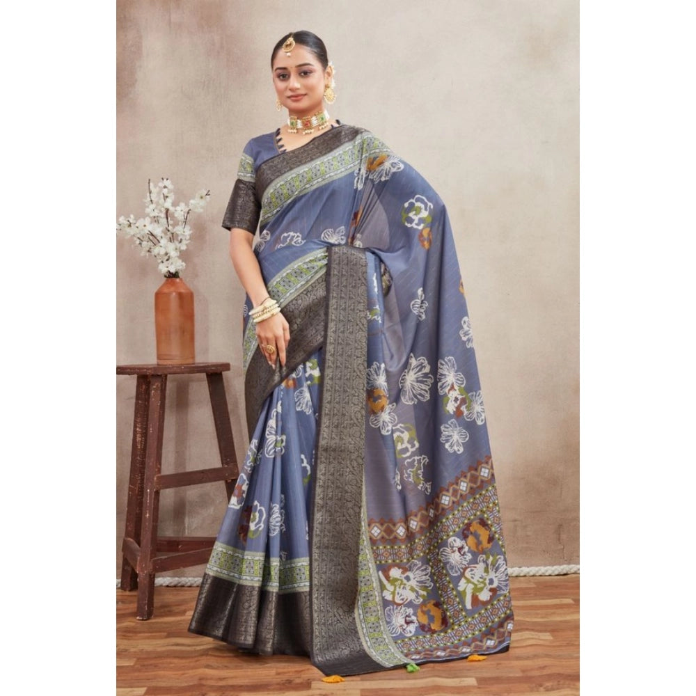Generic Women's Crepe Silk Printed Saree With Unstitched Blouse 5.5Mtr (Grey) Main image