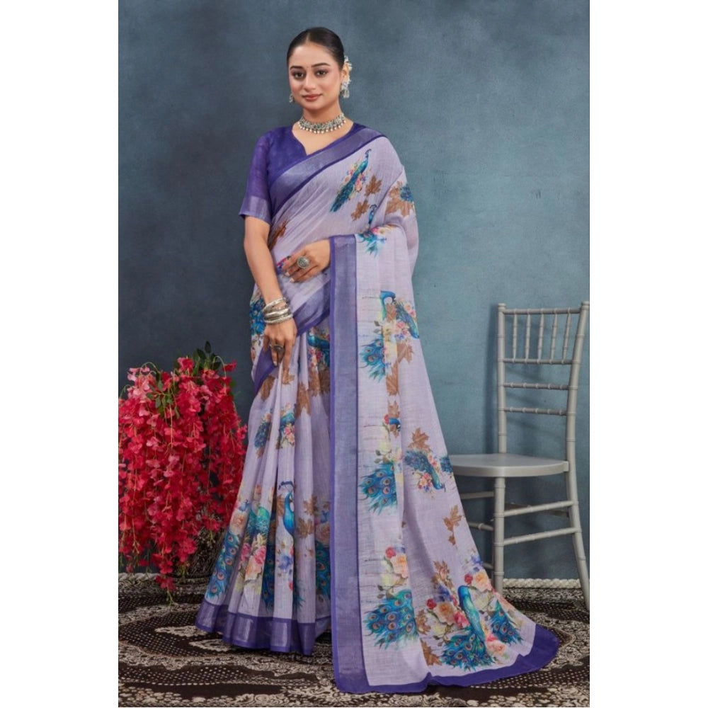 Generic Women's Linen Floral Printed Saree With Unstitched Blouse 5.5Mtr (Purple) Main image