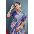 Generic Women's Linen Floral Printed Saree With Unstitched Blouse 5.5Mtr (Purple)