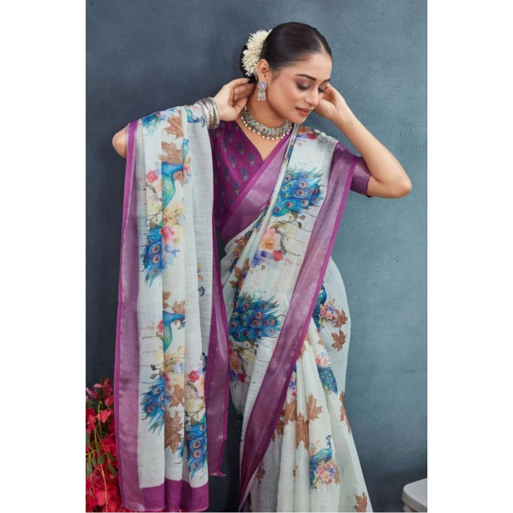 Generic Women's Linen Floral Printed Saree With Unstitched Blouse 5.5Mtr (Magenta) Secondary image