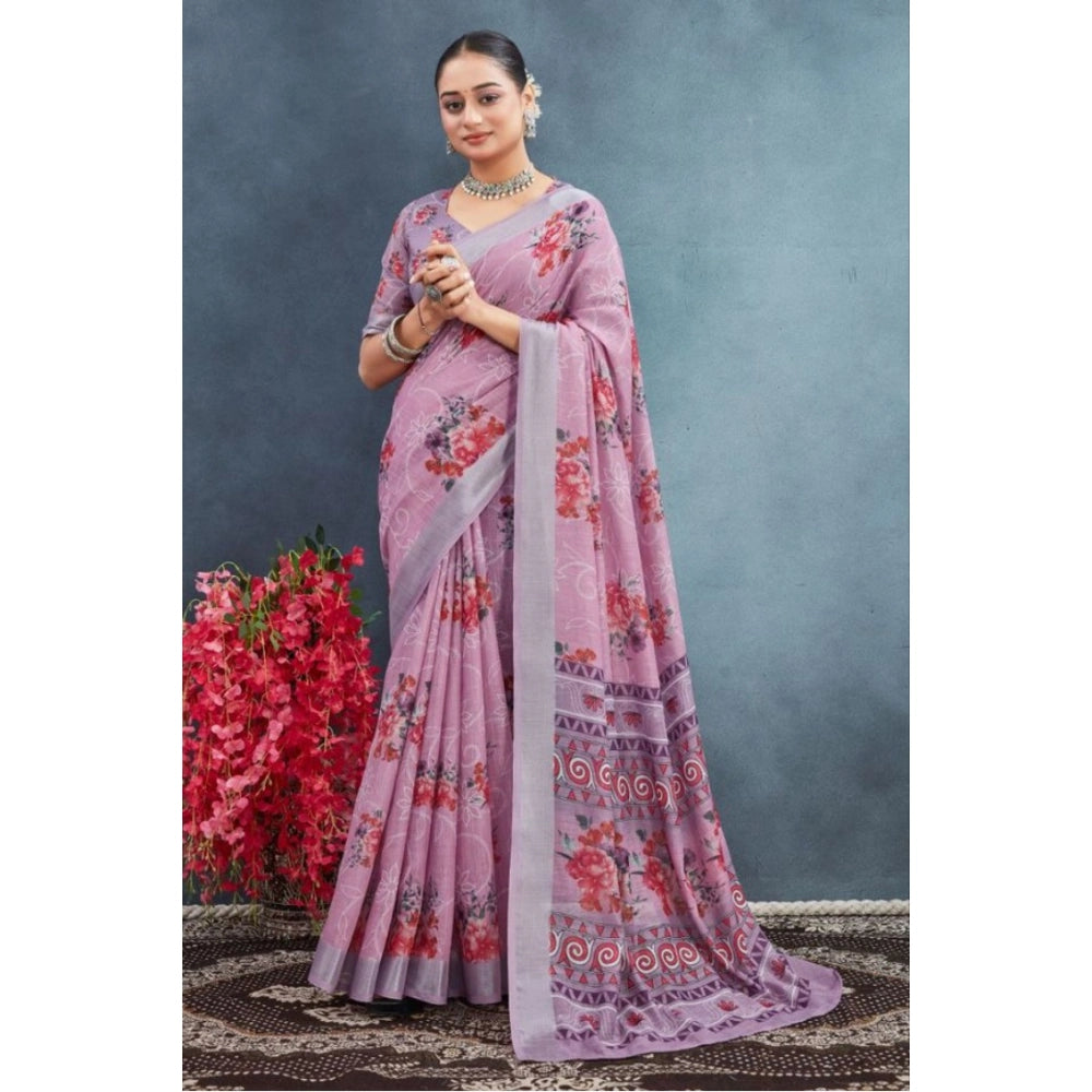 Generic Women's Linen Floral Printed Saree With Unstitched Blouse 5.5Mtr (Purple) Main image