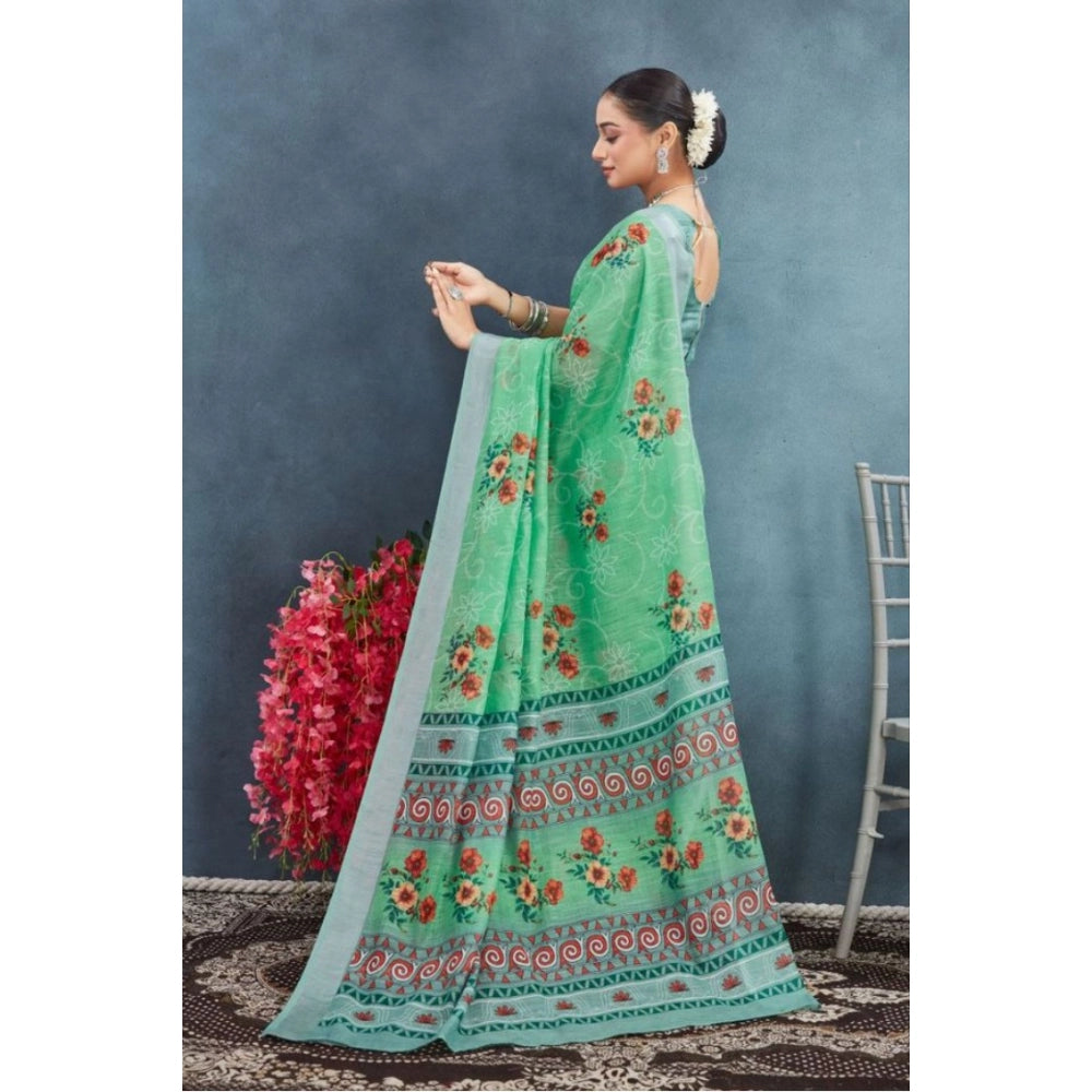 Generic Women's Linen Floral Printed Saree With Unstitched Blouse 5.5Mtr (Green) Secondary image