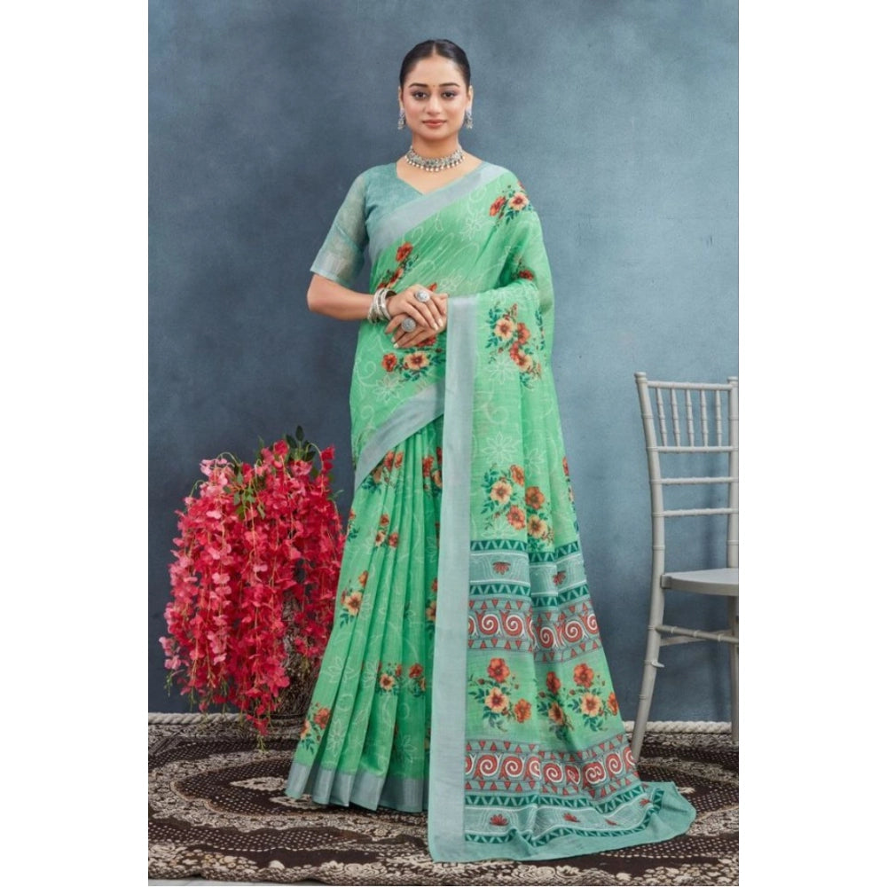 Generic Women's Linen Floral Printed Saree With Unstitched Blouse 5.5Mtr (Green) Main image