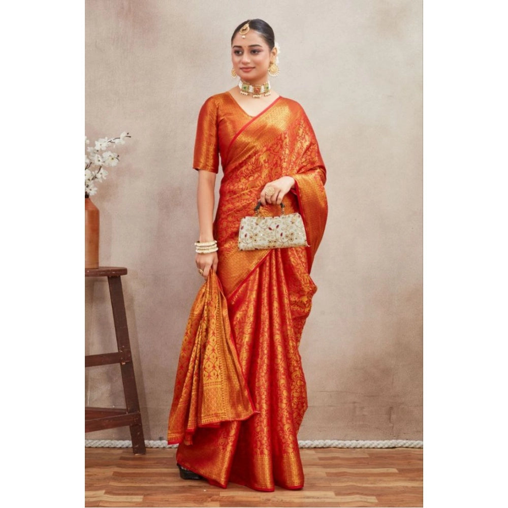 Generic Women's Silk Blend Floral Printed Saree With Unstitched Blouse 5.5Mtr (Red) Secondary image