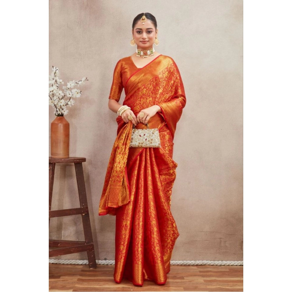 Generic Women's Silk Blend Floral Printed Saree With Unstitched Blouse 5.5Mtr (Red) Main image