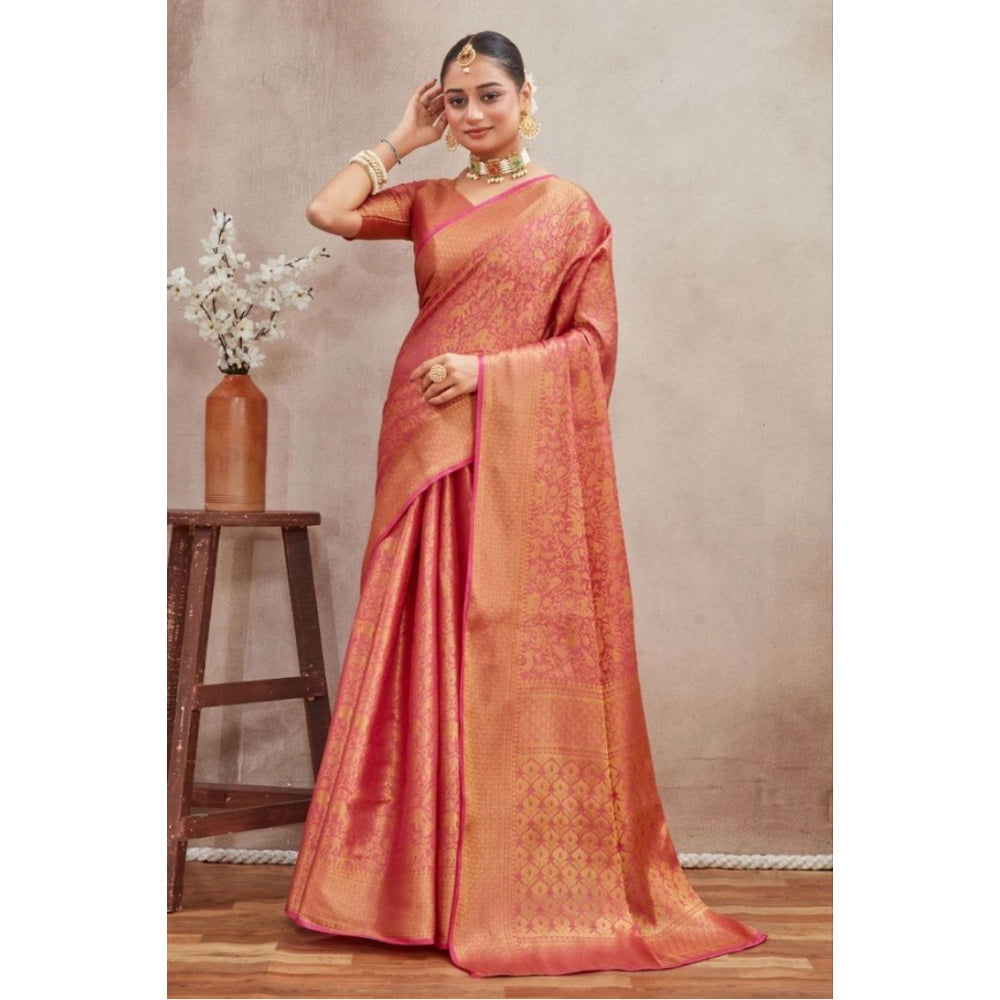 Generic Women's Silk Blend Floral Printed Saree With Unstitched Blouse 5.5Mtr (Peach) Secondary image