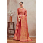 Generic Women's Silk Blend Floral Printed Saree With Unstitched Blouse 5.5Mtr (Peach)