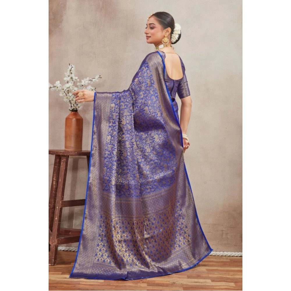 Generic Women's Silk Blend Floral Printed Saree With Unstitched Blouse 5.5Mtr (Royal Blue) Secondary image