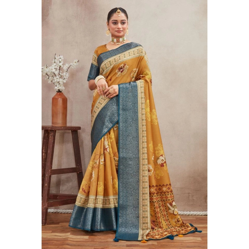 Generic Women's Crepe Silk Printed Saree With Unstitched Blouse 5.5Mtr (Mustard) Secondary image