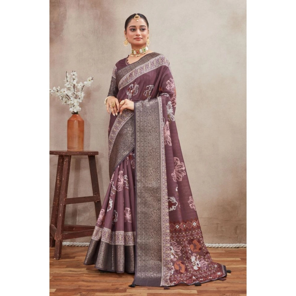 Generic Women's Crepe Silk Printed Saree With Unstitched Blouse 5.5Mtr (purple) Main image