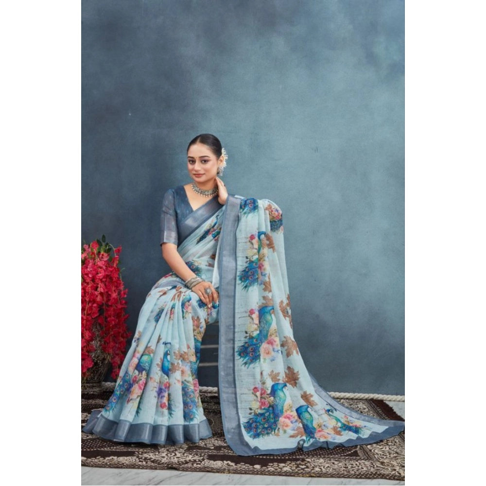 Generic Women's Linen Floral Printed Saree With Unstitched Blouse 5.5Mtr (Grey) Secondary image