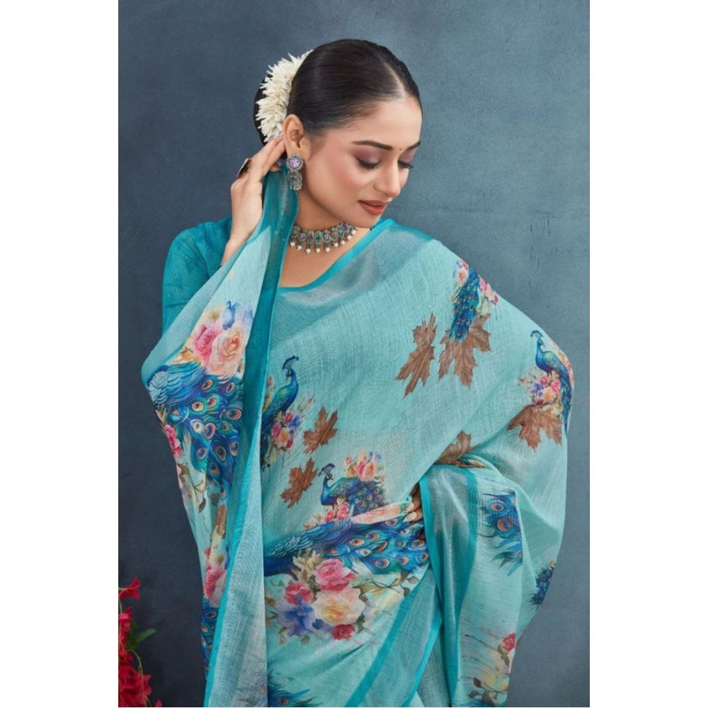 Generic Women's Linen Floral Printed Saree With Unstitched Blouse 5.5Mtr (Aqua) Secondary image