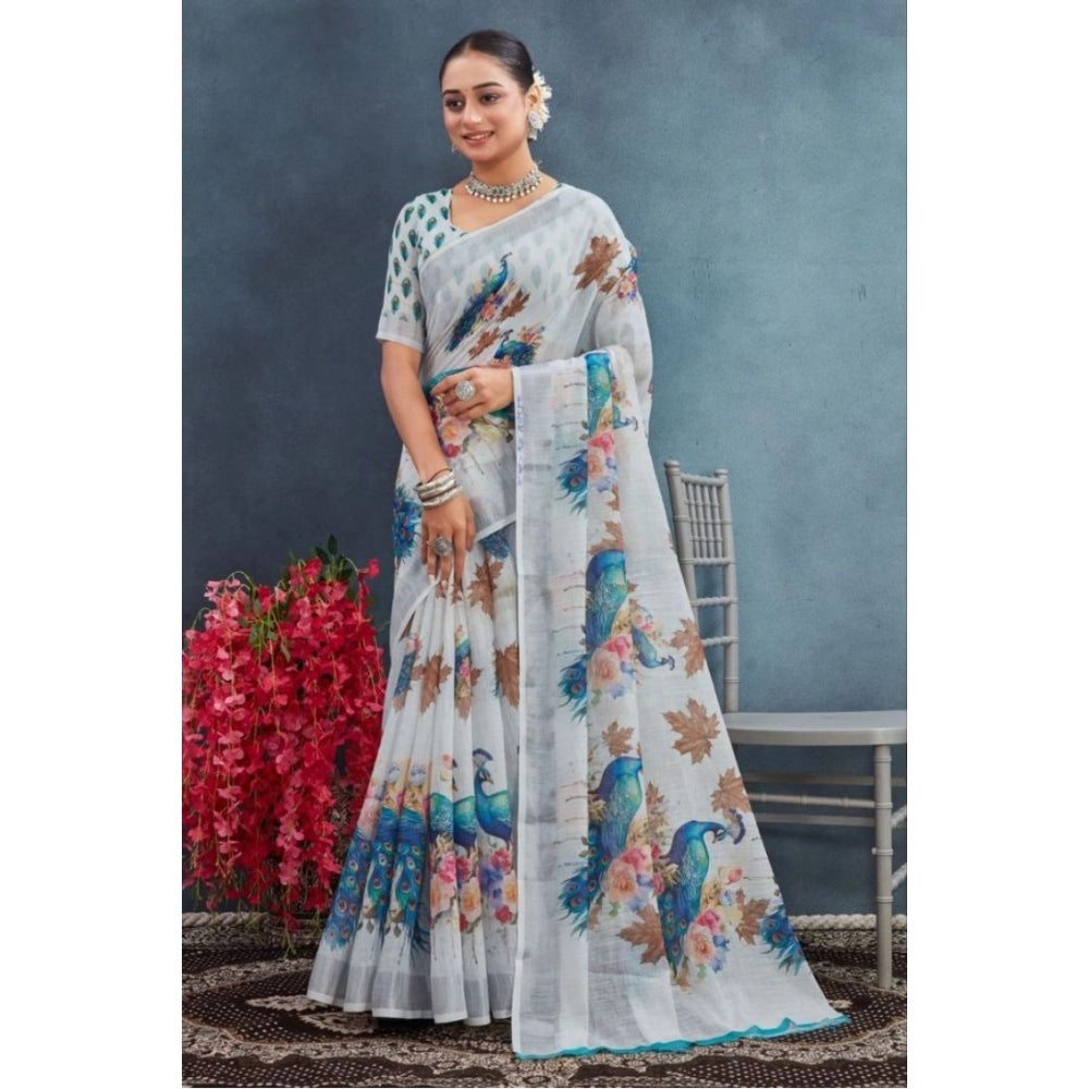 Generic Women's Linen Floral Printed Saree With Unstitched Blouse 5.5Mtr (Off-White) Main image