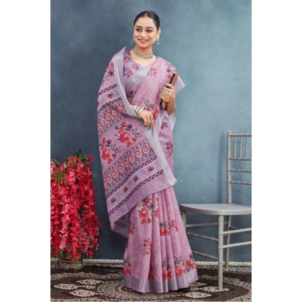 Generic Women's Linen Floral Printed Saree With Unstitched Blouse 5.5Mtr (Purple) Secondary image