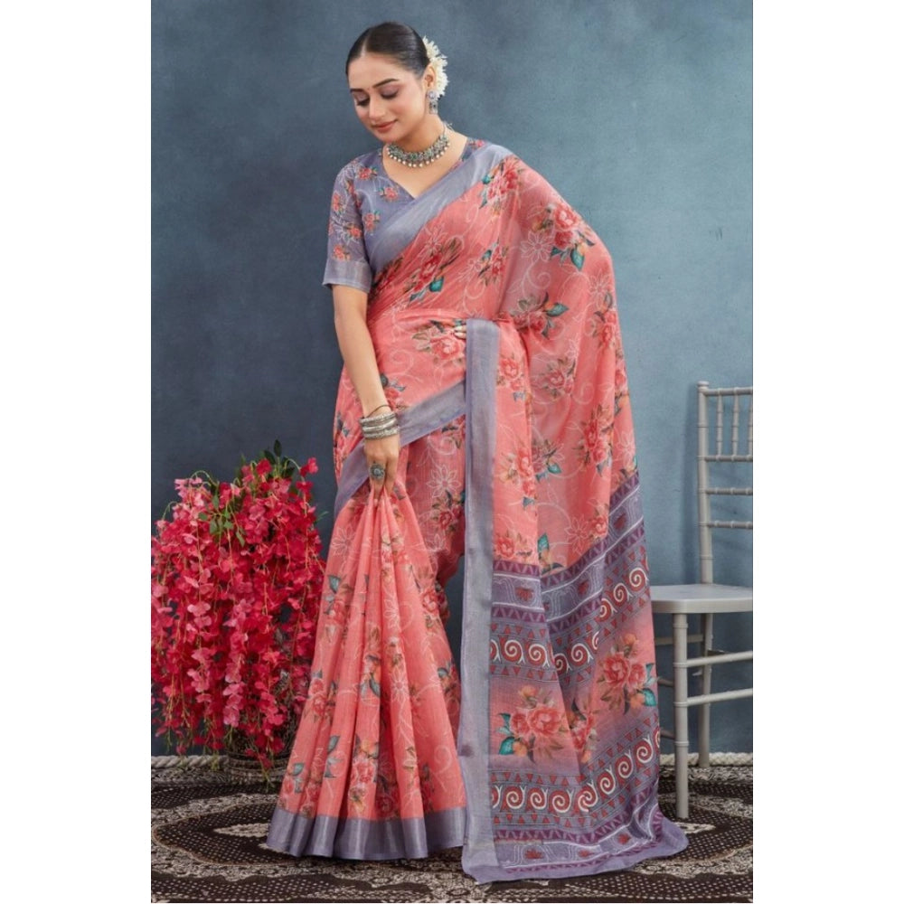 Generic Women's Linen Floral Printed Saree With Unstitched Blouse 5.5Mtr (Peach) Secondary image