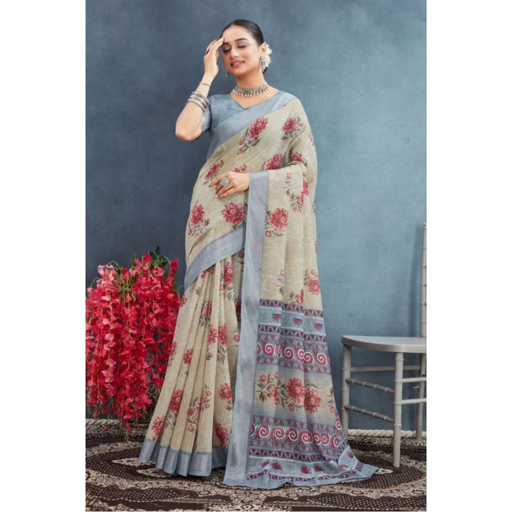 Generic Women's Linen Floral Printed Saree With Unstitched Blouse 5.5Mtr (Beige) Main image