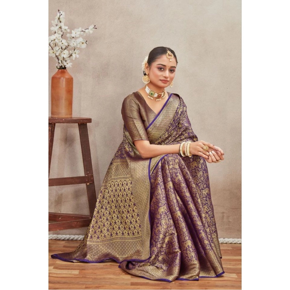 Generic Women's Silk Blend Floral Printed Saree With Unstitched Blouse 5.5Mtr (Navy Blue)