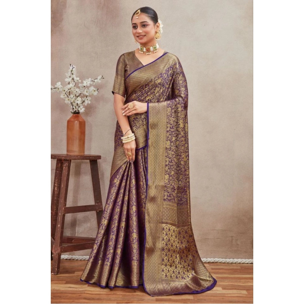 Generic Women's Silk Blend Floral Printed Saree With Unstitched Blouse 5.5Mtr (Navy Blue) Main image