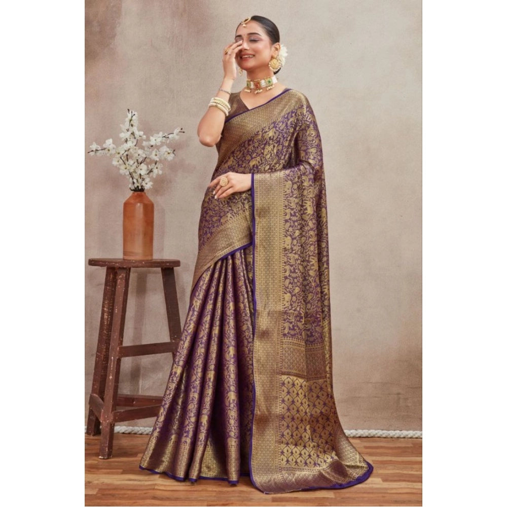 Generic Women's Silk Blend Floral Printed Saree With Unstitched Blouse 5.5Mtr (Navy Blue)
