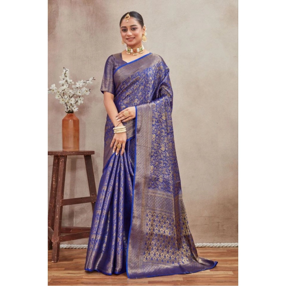 Generic Women's Silk Blend Floral Printed Saree With Unstitched Blouse 5.5Mtr (Royal Blue) Main image