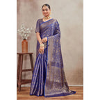 Generic Women's Silk Blend Floral Printed Saree With Unstitched Blouse 5.5Mtr (Royal Blue)