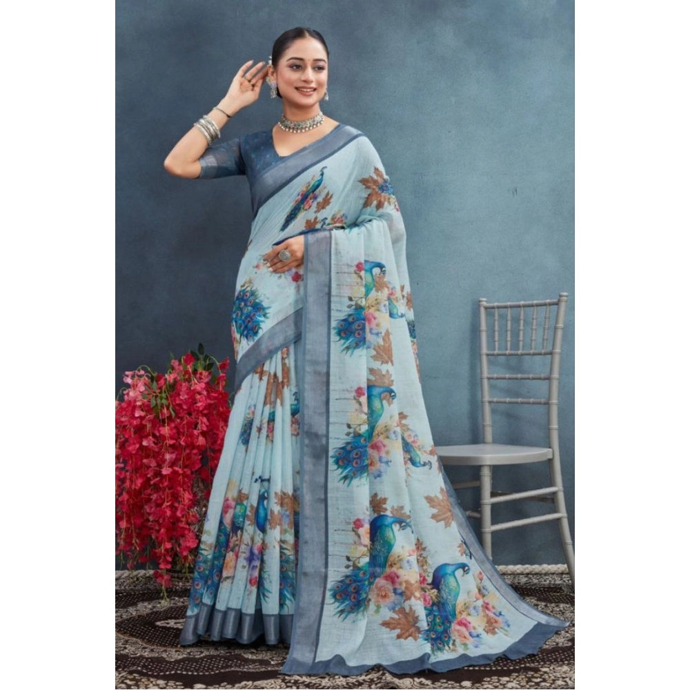 Generic Women's Linen Floral Printed Saree With Unstitched Blouse 5.5Mtr (Grey) Main image