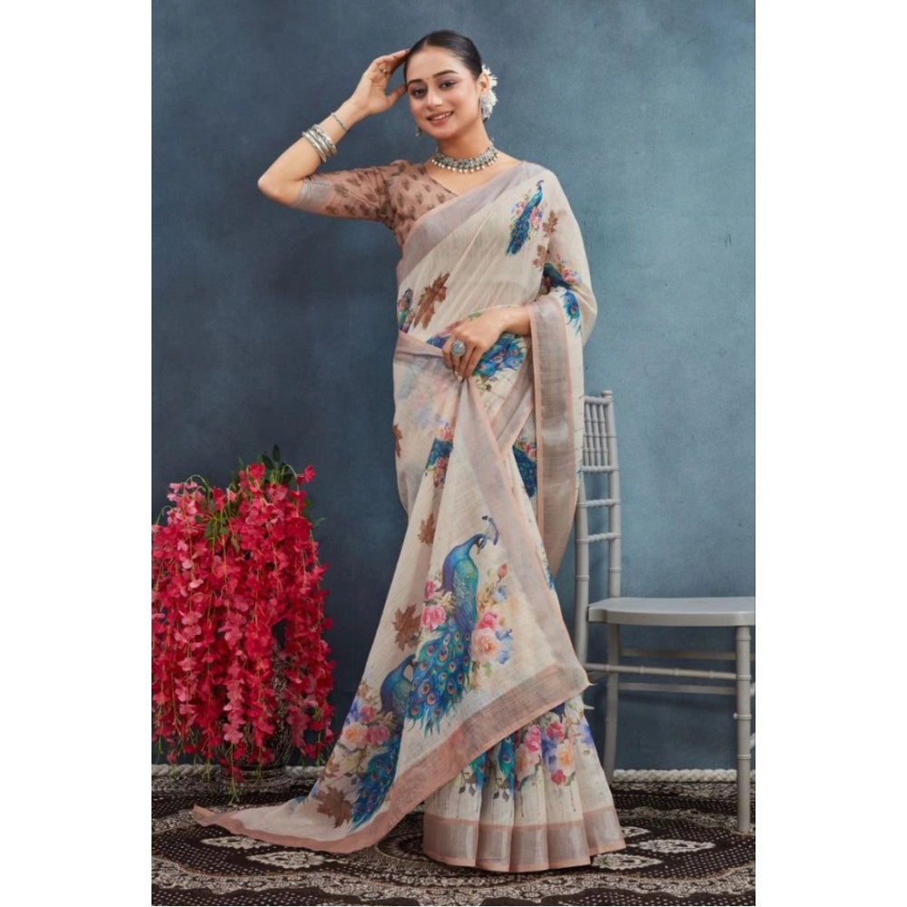 Generic Women's Linen Floral Printed Saree With Unstitched Blouse 5.5Mtr (Beige)