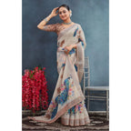 Generic Women's Linen Floral Printed Saree With Unstitched Blouse 5.5Mtr (Beige)
