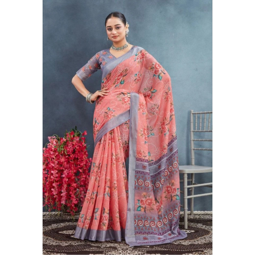 Generic Women's Linen Floral Printed Saree With Unstitched Blouse 5.5Mtr (Peach) Main image
