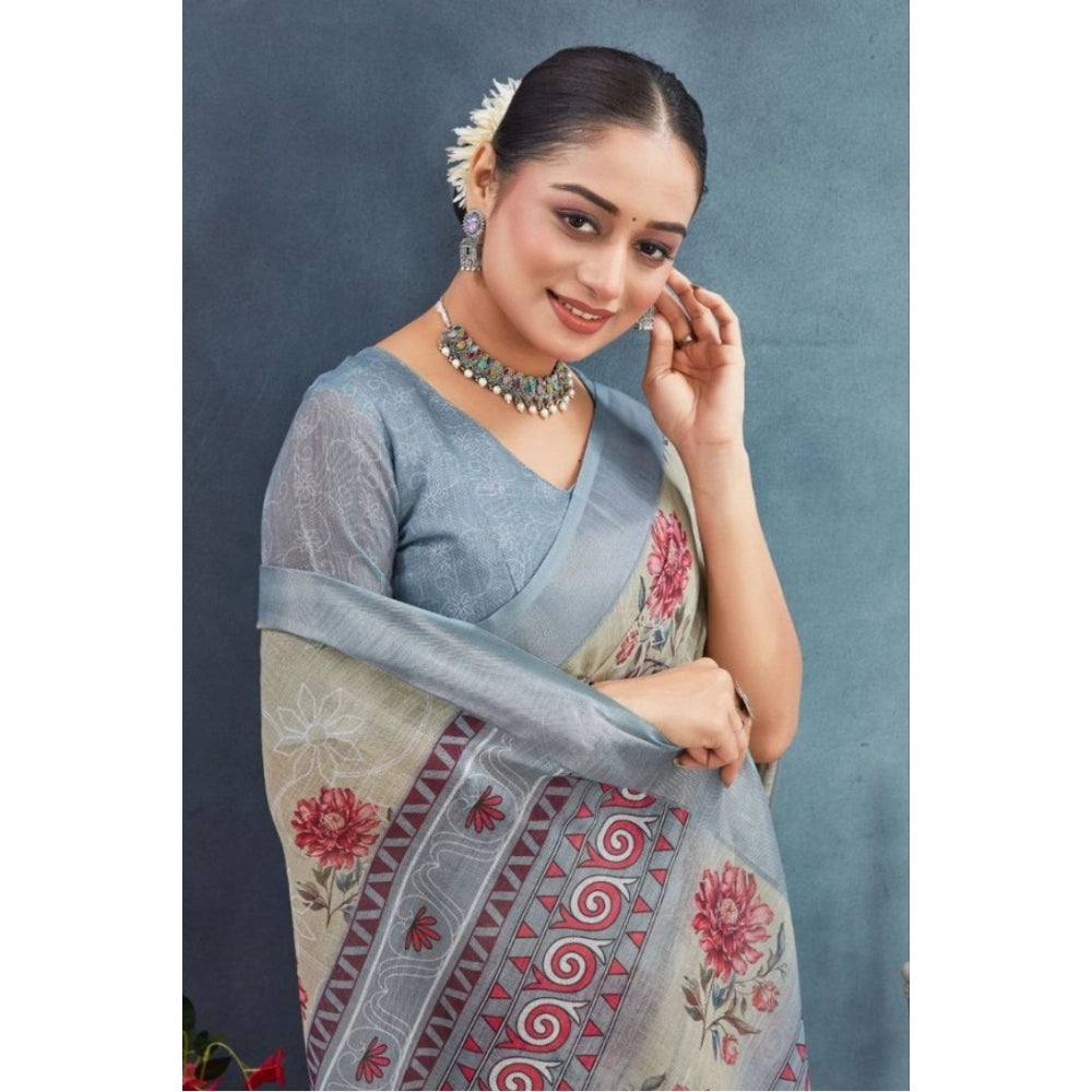 Generic Women's Linen Floral Printed Saree With Unstitched Blouse 5.5Mtr (Beige) Secondary image