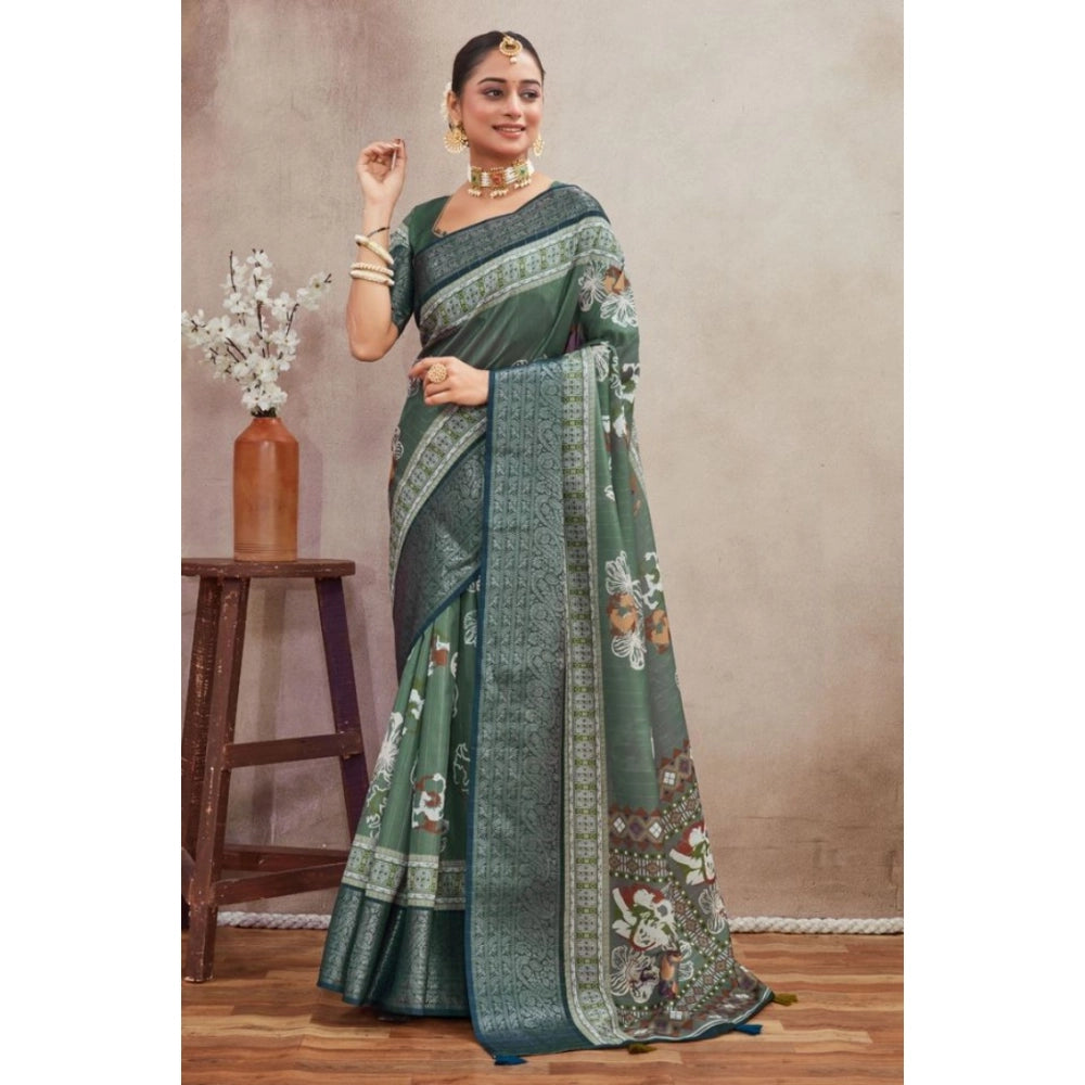 Generic Women's Crepe Silk Printed Saree With Unstitched Blouse 5.5Mtr (Green) Main image