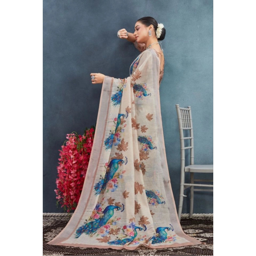 Generic Women's Linen Floral Printed Saree With Unstitched Blouse 5.5Mtr (Beige) Secondary image