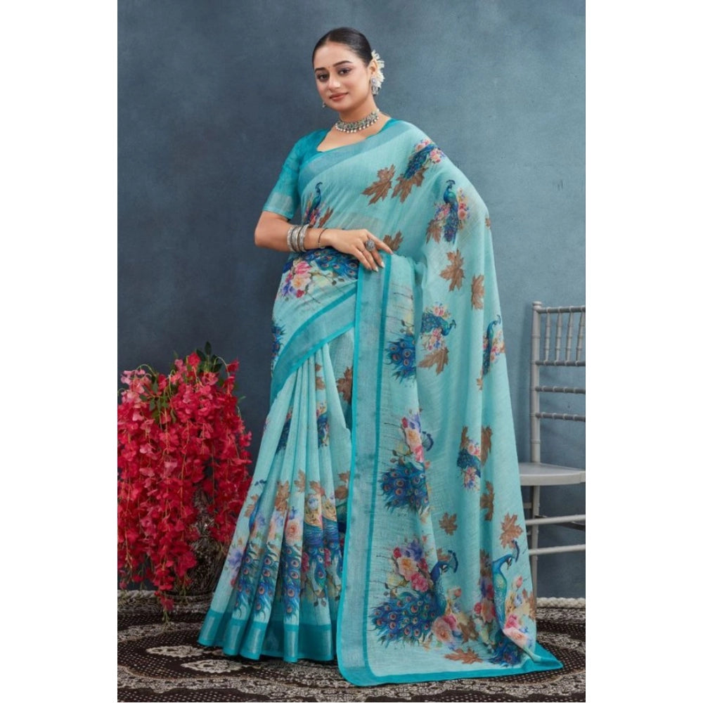 Generic Women's Linen Floral Printed Saree With Unstitched Blouse 5.5Mtr (Aqua) Main image