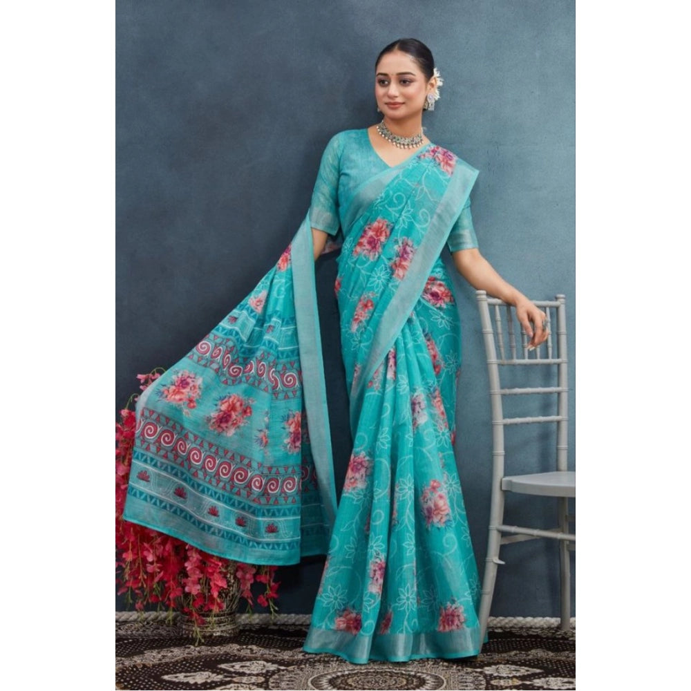 Generic Women's Linen Floral Printed Saree With Unstitched Blouse 5.5Mtr (Aqua) Main image