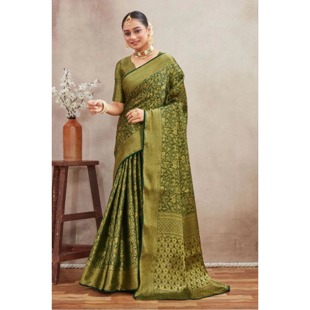 Generic Women's Silk Blend Floral Printed Saree With Unstitched Blouse 5.5Mtr (Green) Secondary image