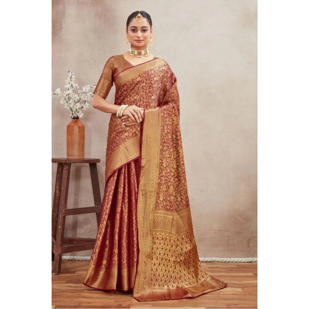 Generic Women's Silk Blend Floral Printed Saree With Unstitched Blouse 5.5Mtr (Brown) Main image