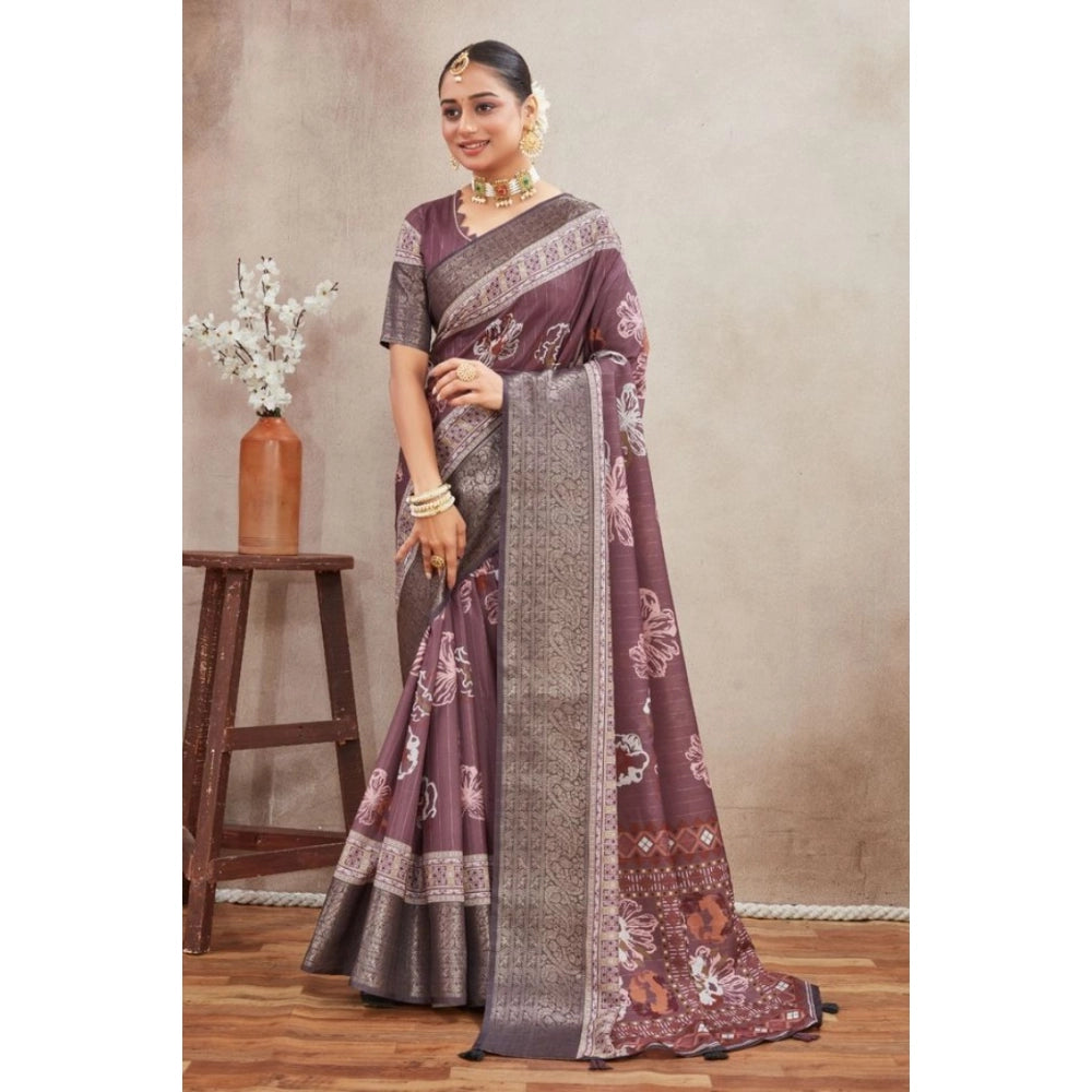Generic Women's Crepe Silk Printed Saree With Unstitched Blouse 5.5Mtr (purple) Secondary image